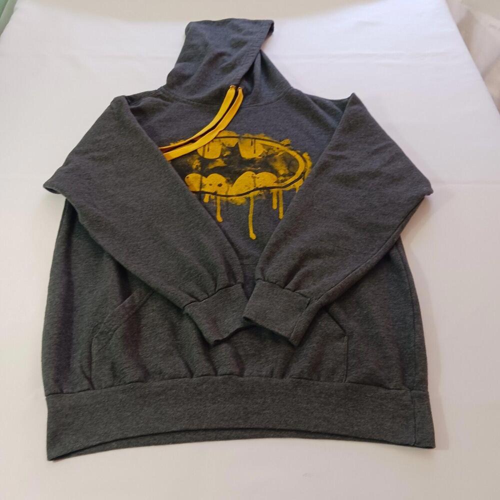 Batman Men's Gray & Yellow Graphic Drawstring Hoodie Pullove Sweatshirt Size L